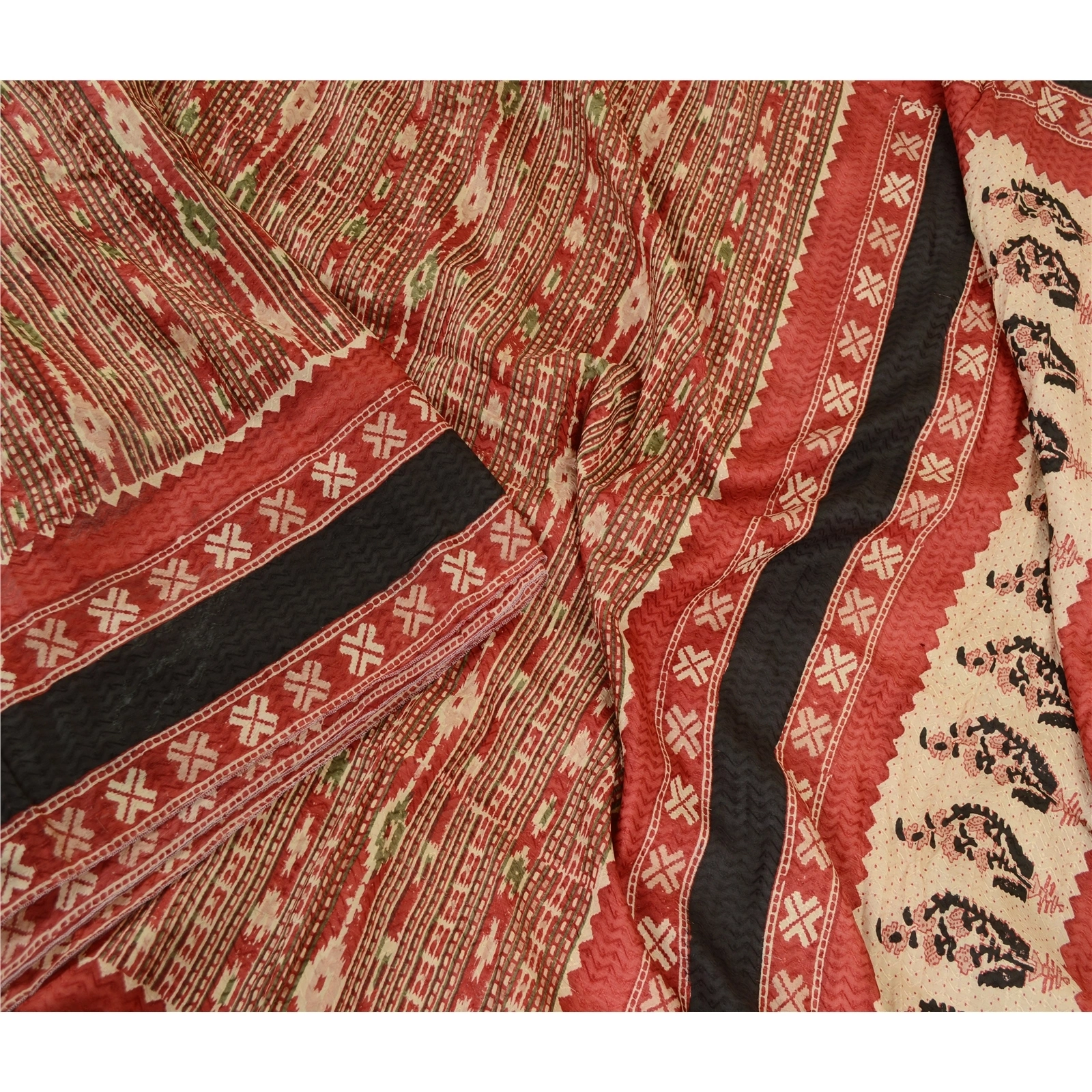 Sanskriti Vintage Sarees Red 100% Pure Silk Printed Woven Sari Soft Craft Fabric, PR-63379-Red-Pure Silk-1