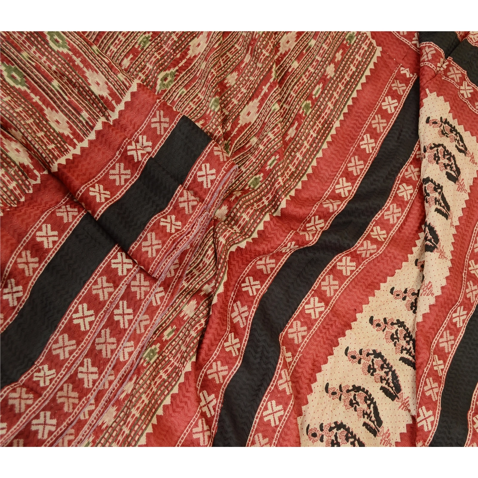 Sanskriti Vintage Sarees Red 100% Pure Silk Printed Woven Sari Soft Craft Fabric, PR-63379-Red-Pure Silk-2