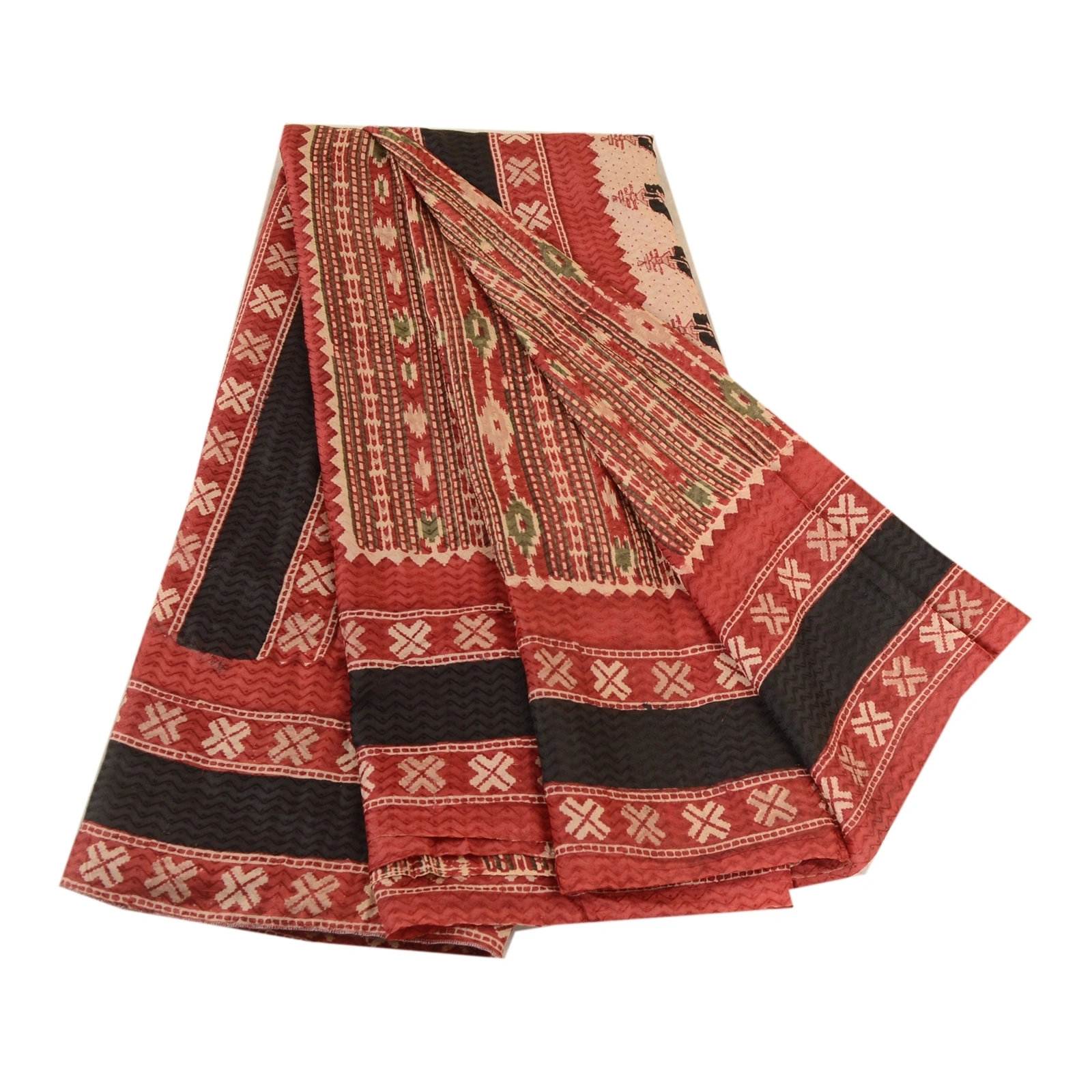 Sanskriti Vintage Sarees Red 100% Pure Silk Printed Woven Sari Soft Craft Fabric, PR-63379-Red-Pure Silk-6