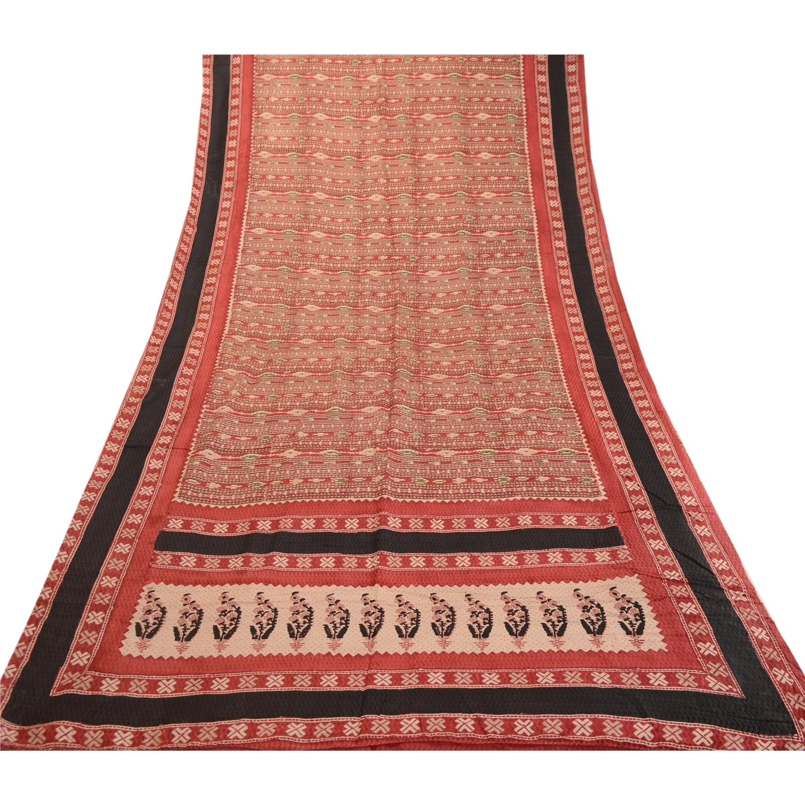 Sanskriti Vintage Sarees Red 100% Pure Silk Printed Woven Sari Soft Craft Fabric, PR-63379-Red-Pure Silk-7