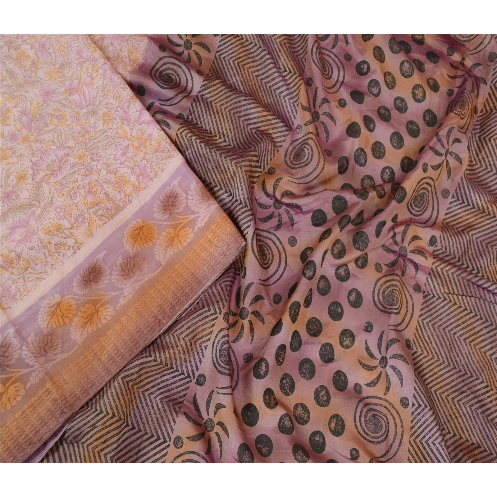 Sanskriti Vintage Sarees Mauve Indian Printed Pure Silk Sari Soft Craft Fabric, PR-63386-Mauve-Pure Silk-1