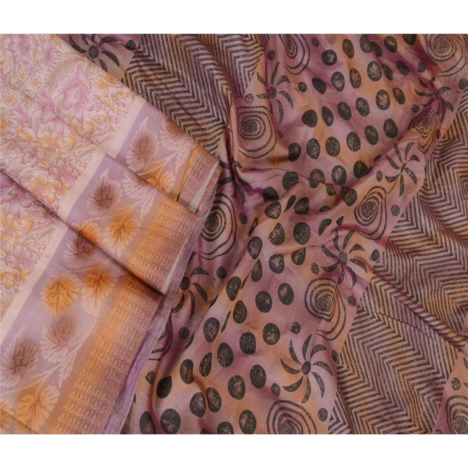 Sanskriti Vintage Sarees Mauve Indian Printed Pure Silk Sari Soft Craft Fabric, PR-63386-Mauve-Pure Silk-2