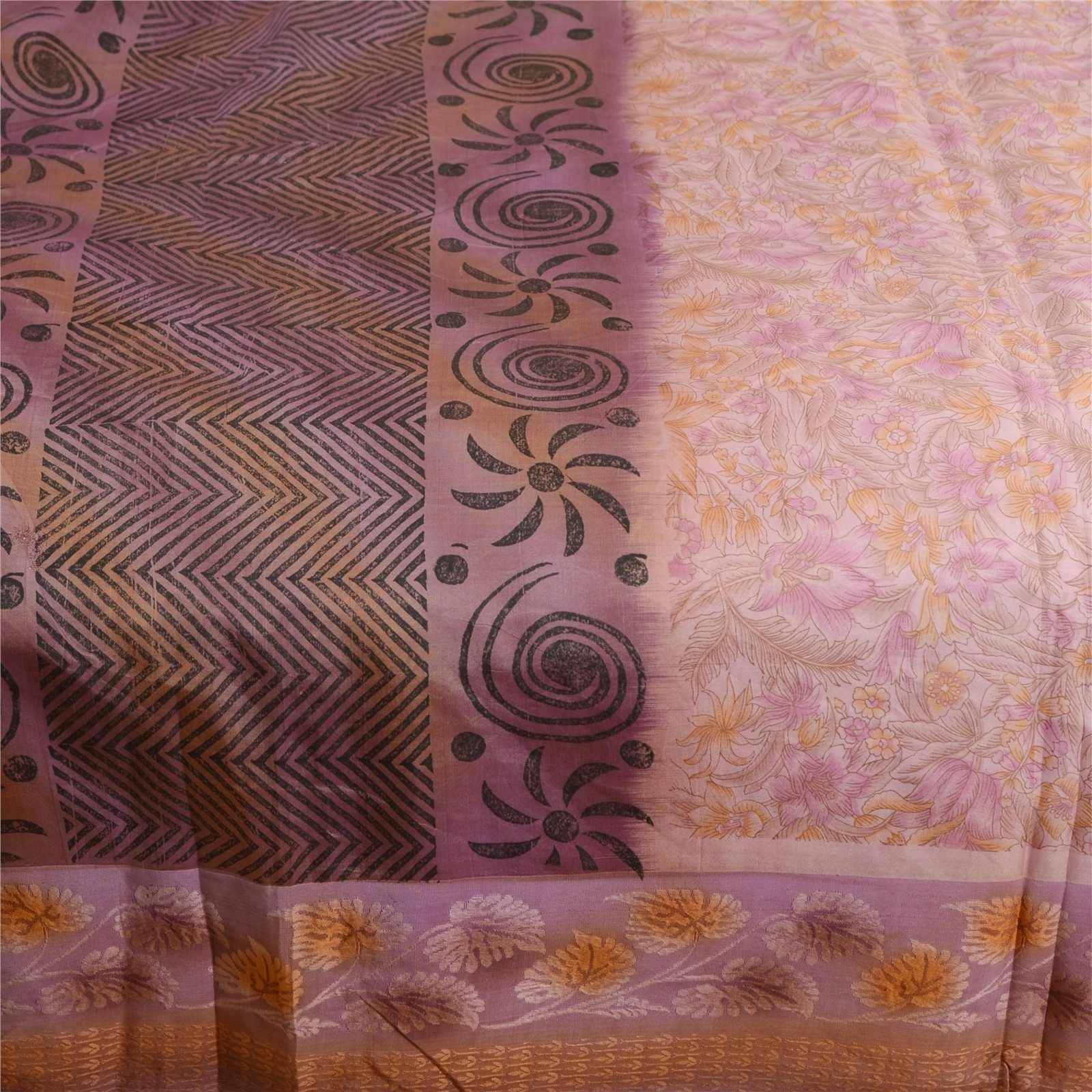 Sanskriti Vintage Sarees Mauve Indian Printed Pure Silk Sari Soft Craft Fabric, PR-63386-Mauve-Pure Silk-3