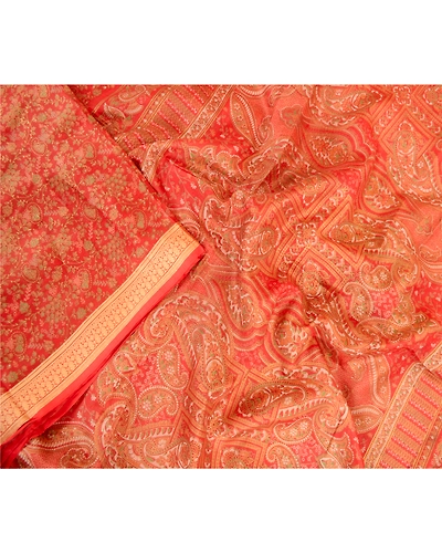 Sanskriti Vintage Sarees Red From India Printed Pure Silk Sari Soft Craft Fabric, PR-63400-Red-Pure Silk-1