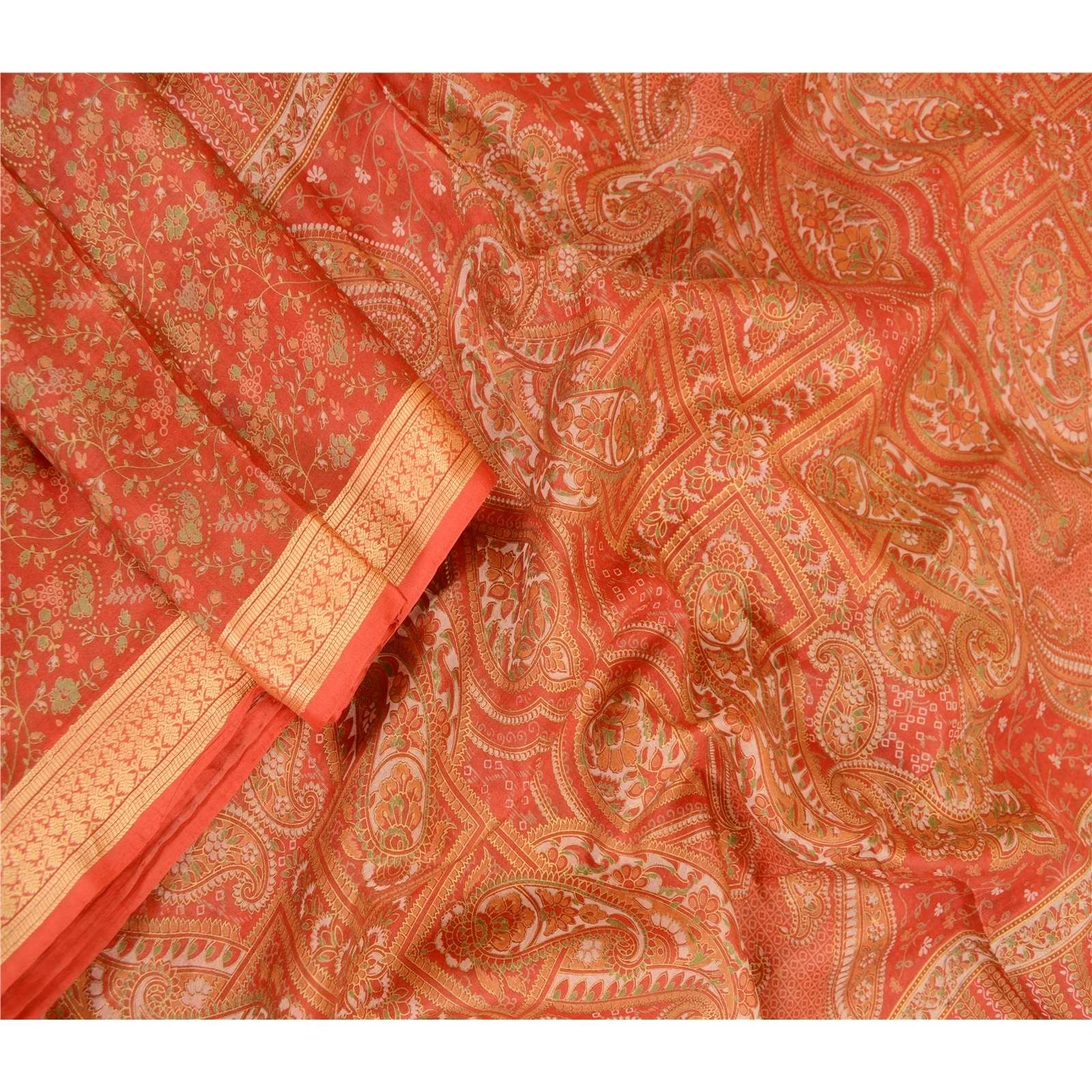 Sanskriti Vintage Sarees Red From India Printed Pure Silk Sari Soft Craft Fabric, PR-63400-Red-Pure Silk-2