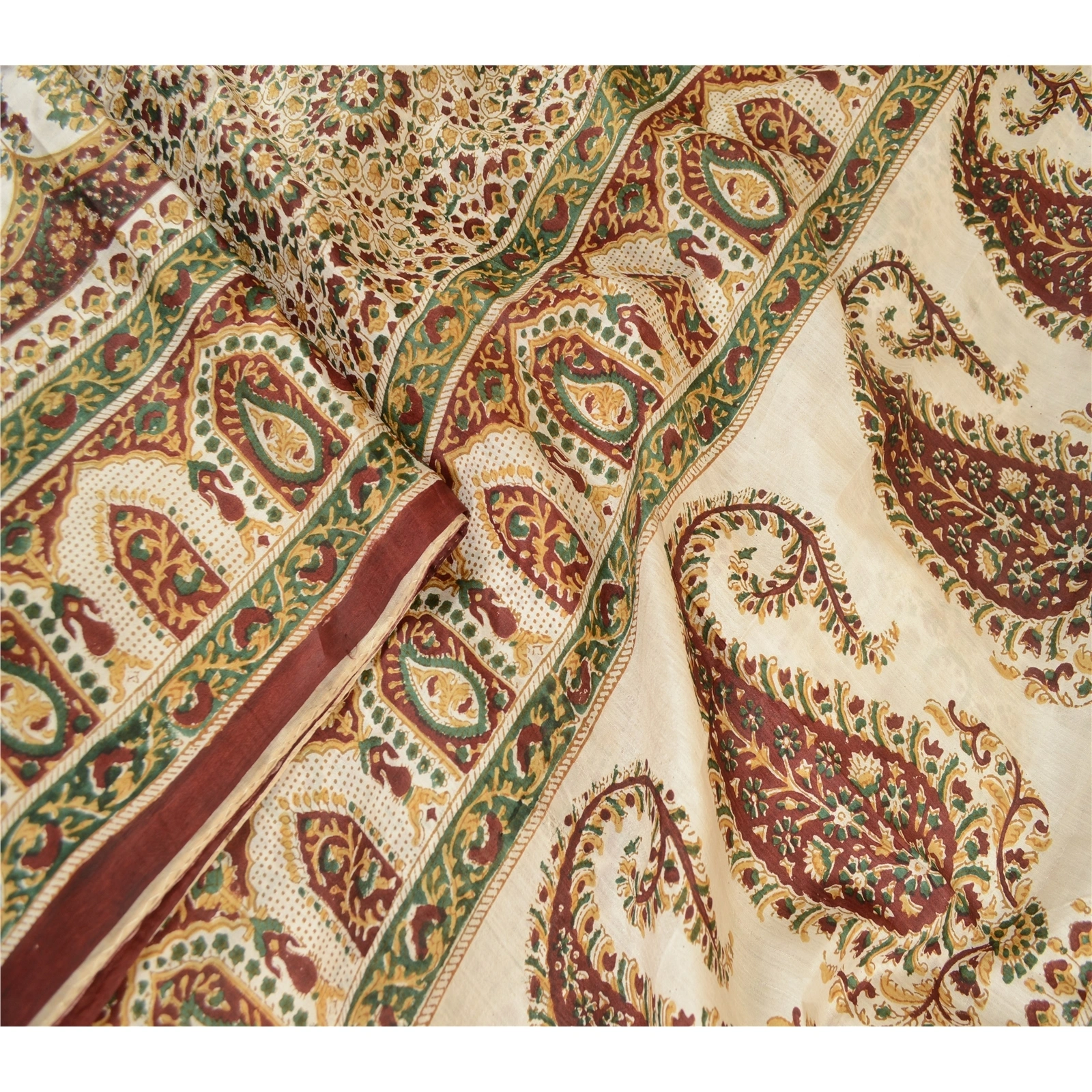 Sanskriti Vintage Sarees Ivory Indian Pure Silk Printed Sari Floral Craft Fabric, PR-63406-Ivory-Pure Silk-1