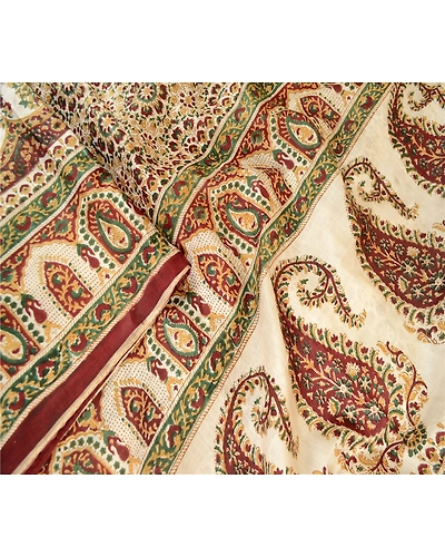 Sanskriti Vintage Sarees Ivory Indian Pure Silk Printed Sari Floral Craft Fabric, PR-63406-Ivory-Pure Silk-1