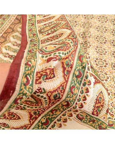 Sanskriti Vintage Sarees Ivory Indian Pure Silk Printed Sari Floral Craft Fabric, PR-63406-Ivory-Pure Silk-5