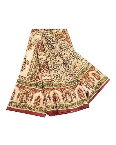 Sanskriti Vintage Sarees Ivory Indian Pure Silk Printed Sari Floral Craft Fabric, PR-63406-Ivory-Pure Silk-6