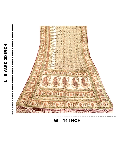 Sanskriti Vintage Sarees Ivory Indian Pure Silk Printed Sari Floral Craft Fabric, PR-63406-Ivory-Pure Silk-8