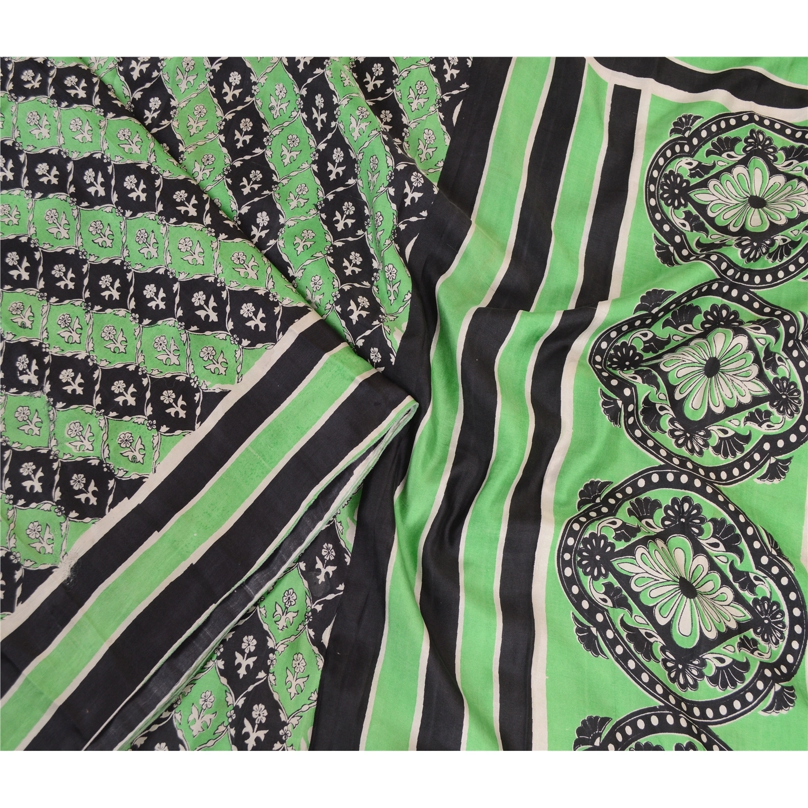 Sanskriti Vintage Sarees From India Green/Black Pure Silk Printed Sari Fabric, PR-63410-Green &amp; Black-Pure Silk-1