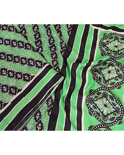 Sanskriti Vintage Sarees From India Green/Black Pure Silk Printed Sari Fabric, PR-63410-Green &amp; Black-Pure Silk-1