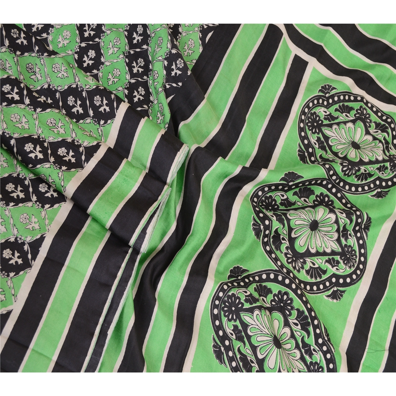 Sanskriti Vintage Sarees From India Green/Black Pure Silk Printed Sari Fabric, PR-63410-Green &amp; Black-Pure Silk-2