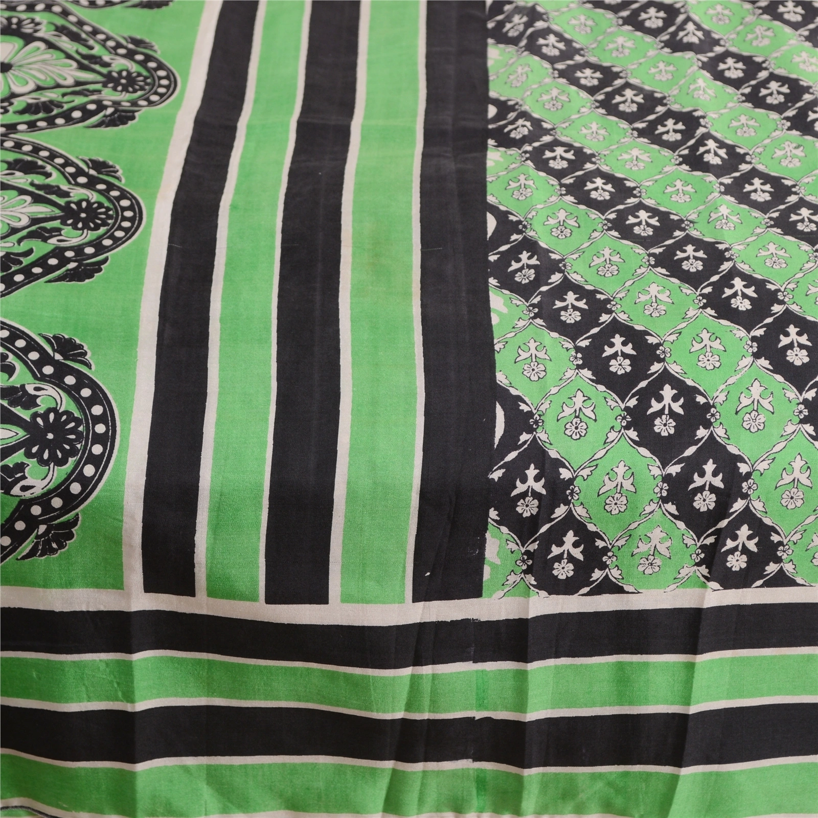 Sanskriti Vintage Sarees From India Green/Black Pure Silk Printed Sari Fabric, PR-63410-Green &amp; Black-Pure Silk-3