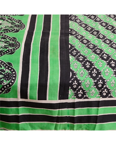 Sanskriti Vintage Sarees From India Green/Black Pure Silk Printed Sari Fabric, PR-63410-Green &amp; Black-Pure Silk-3