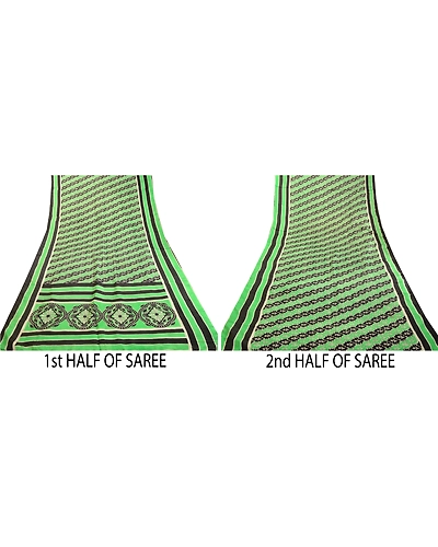 Sanskriti Vintage Sarees From India Green/Black Pure Silk Printed Sari Fabric, PR-63410-Green &amp; Black-Pure Silk-4