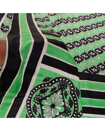Sanskriti Vintage Sarees From India Green/Black Pure Silk Printed Sari Fabric, PR-63410-Green &amp; Black-Pure Silk-5
