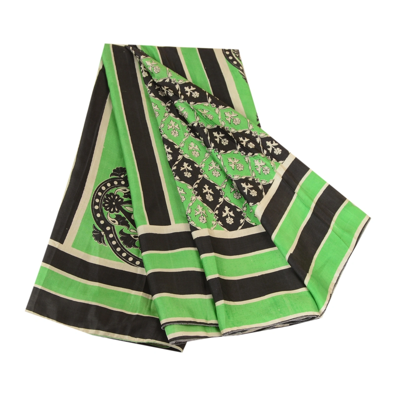 Sanskriti Vintage Sarees From India Green/Black Pure Silk Printed Sari Fabric, PR-63410-Green &amp; Black-Pure Silk-6