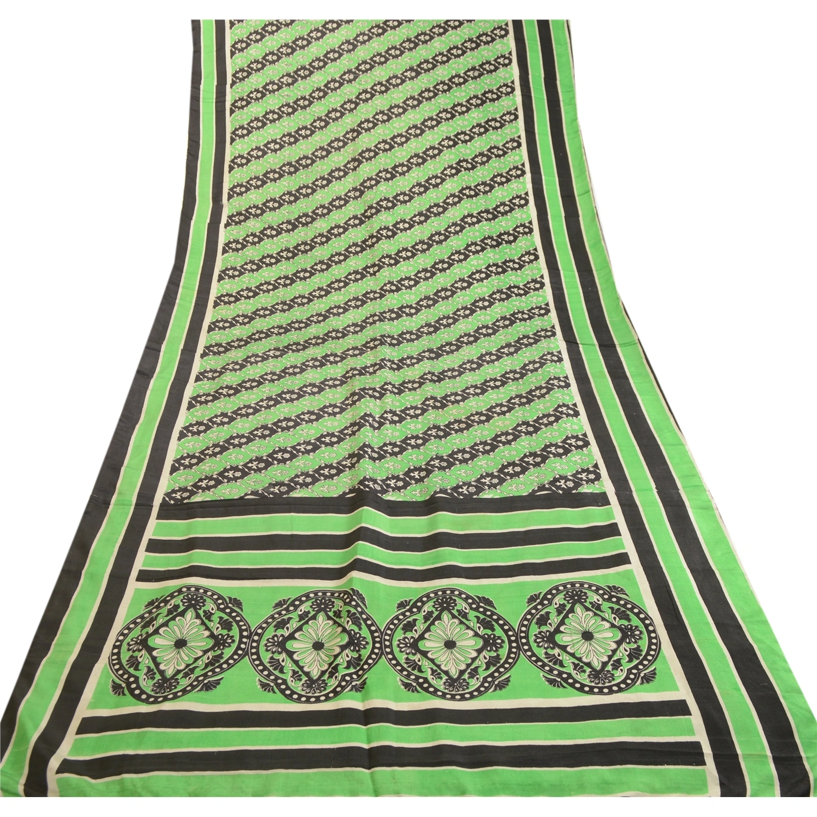 Sanskriti Vintage Sarees From India Green/Black Pure Silk Printed Sari Fabric, PR-63410-Green &amp; Black-Pure Silk-7