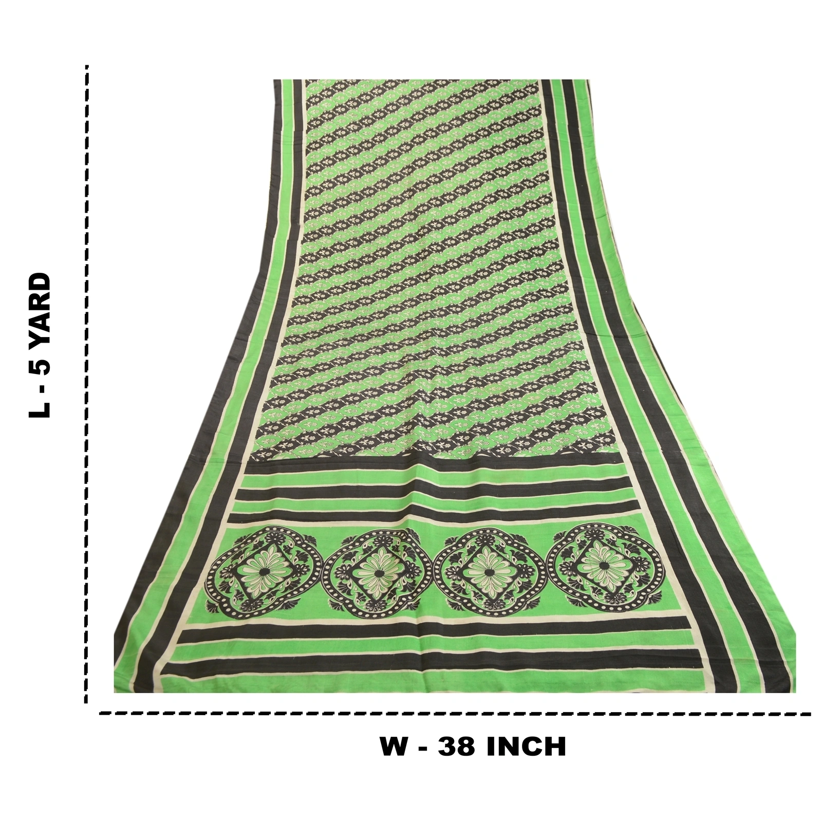 Sanskriti Vintage Sarees From India Green/Black Pure Silk Printed Sari Fabric, PR-63410-Green &amp; Black-Pure Silk-8