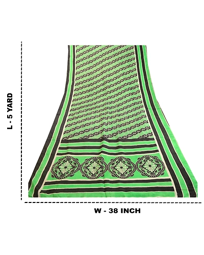 Sanskriti Vintage Sarees From India Green/Black Pure Silk Printed Sari Fabric, PR-63410-Green &amp; Black-Pure Silk-8