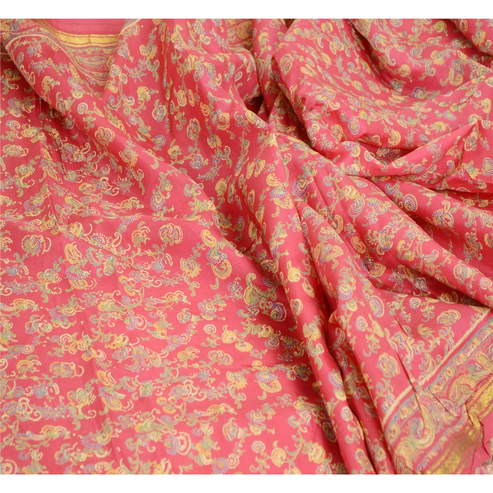 Sanskriti Vintage Sarees Pink &amp; Red Zari Border Pure Silk Printed Sari Fabric, PR-63433-Pink &amp; Red-Pure Silk-1