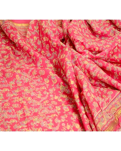 Sanskriti Vintage Sarees Pink &amp; Red Zari Border Pure Silk Printed Sari Fabric, PR-63433-Pink &amp; Red-Pure Silk-1