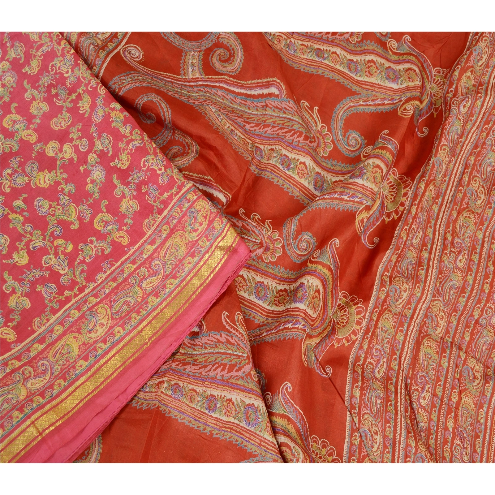 Sanskriti Vintage Sarees Pink &amp; Red Zari Border Pure Silk Printed Sari Fabric, PR-63433-Pink &amp; Red-Pure Silk-2