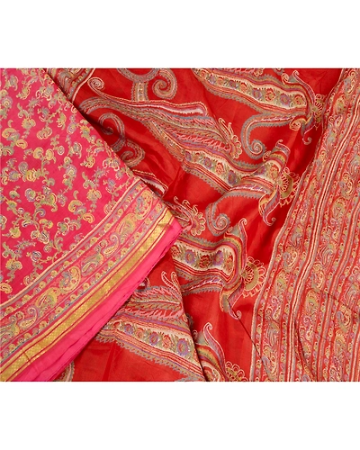 Sanskriti Vintage Sarees Pink &amp; Red Zari Border Pure Silk Printed Sari Fabric, PR-63433-Pink &amp; Red-Pure Silk-2