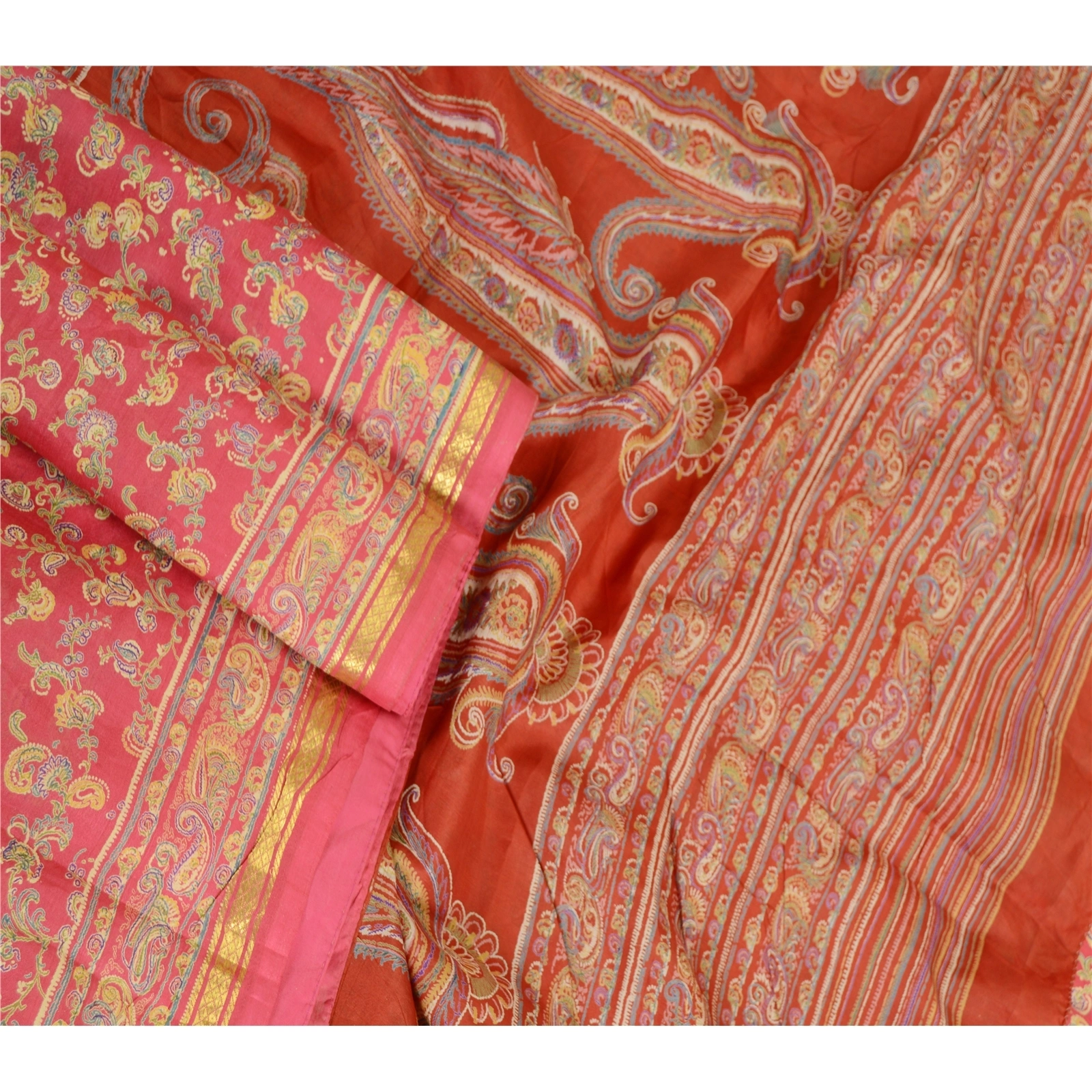 Sanskriti Vintage Sarees Pink &amp; Red Zari Border Pure Silk Printed Sari Fabric, PR-63433-Pink &amp; Red-Pure Silk-3