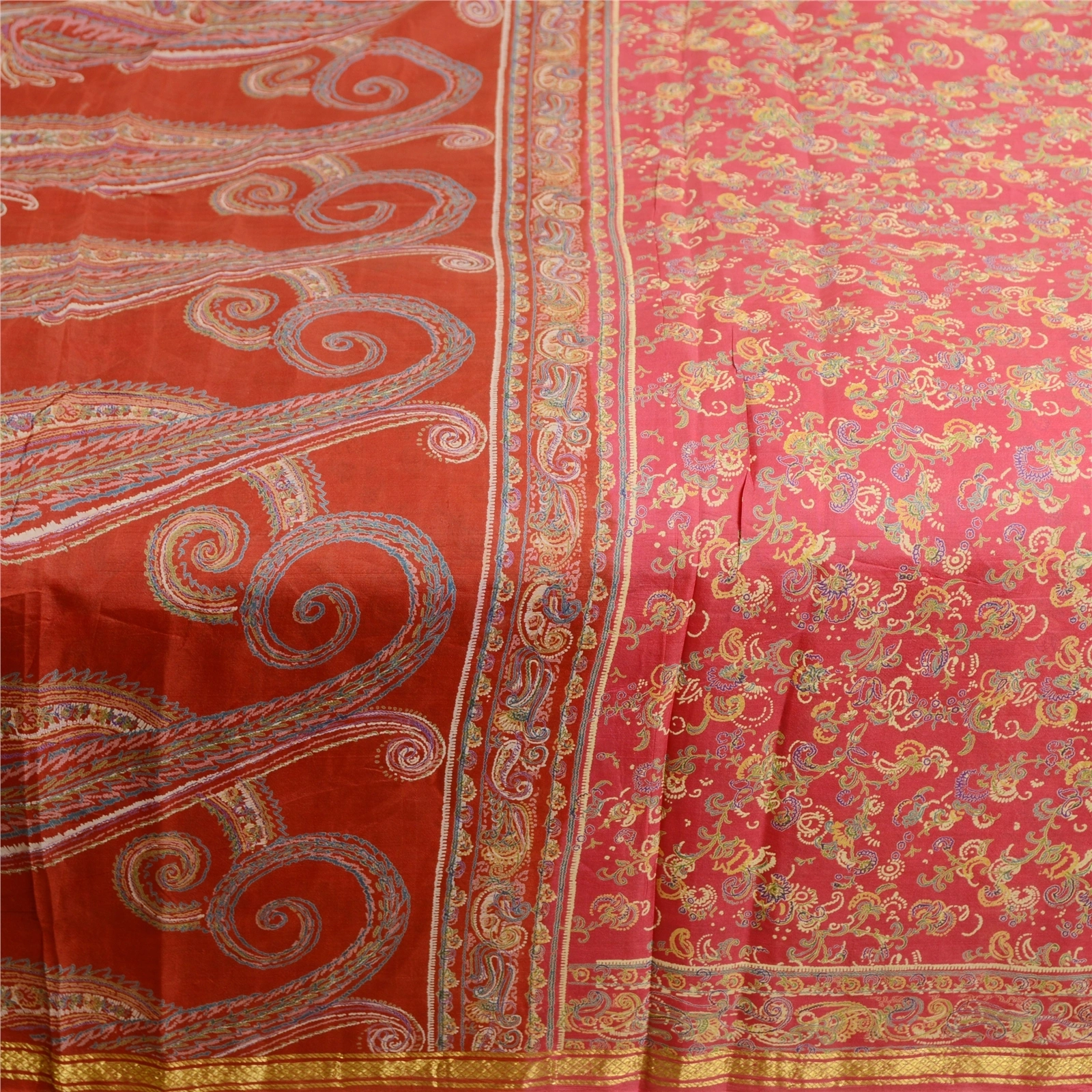 Sanskriti Vintage Sarees Pink &amp; Red Zari Border Pure Silk Printed Sari Fabric, PR-63433-Pink &amp; Red-Pure Silk-4