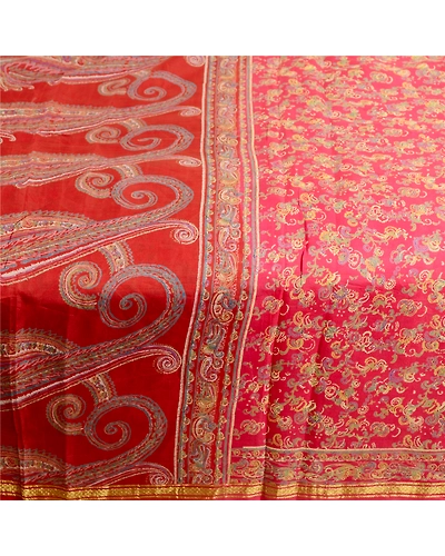 Sanskriti Vintage Sarees Pink &amp; Red Zari Border Pure Silk Printed Sari Fabric, PR-63433-Pink &amp; Red-Pure Silk-4
