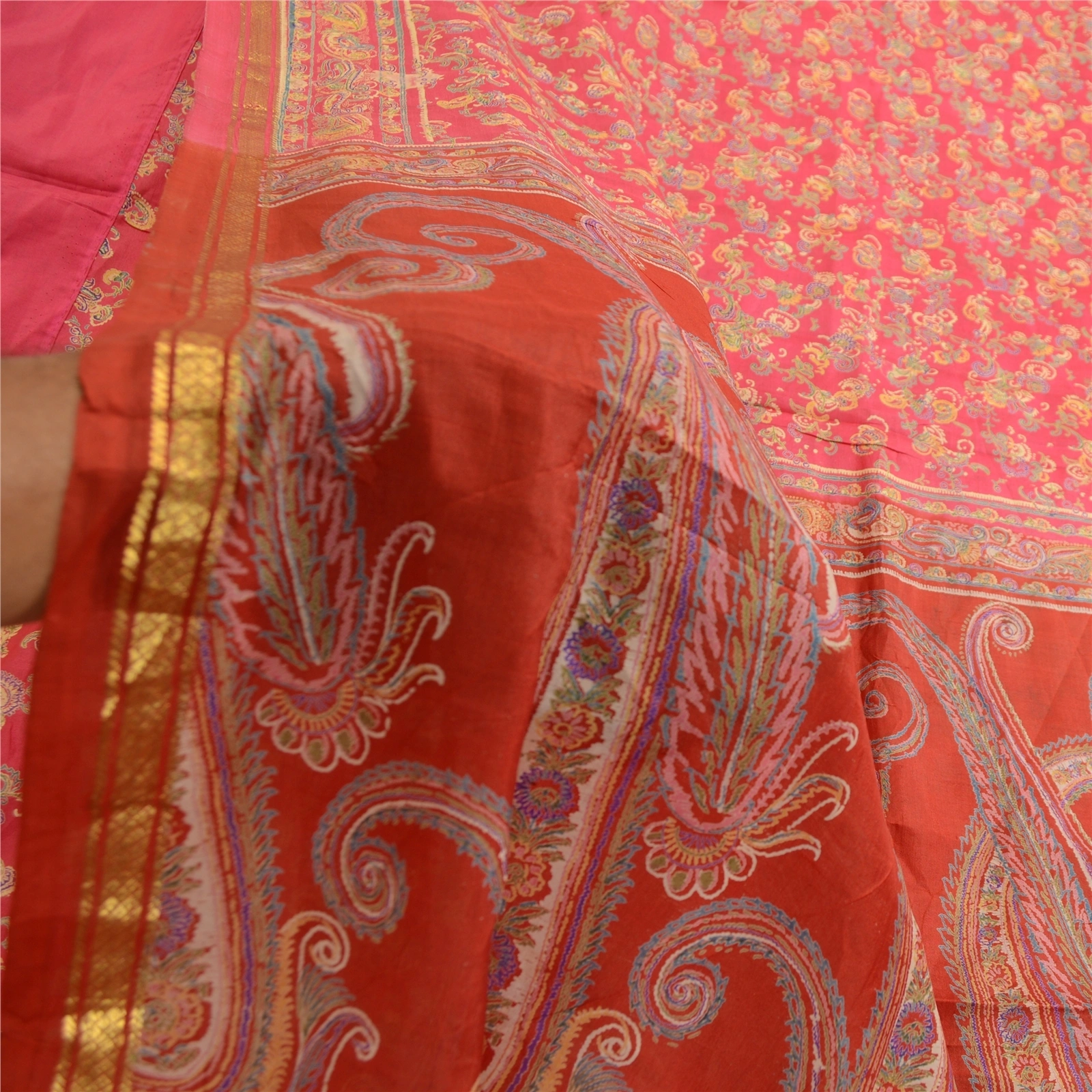 Sanskriti Vintage Sarees Pink &amp; Red Zari Border Pure Silk Printed Sari Fabric, PR-63433-Pink &amp; Red-Pure Silk-6