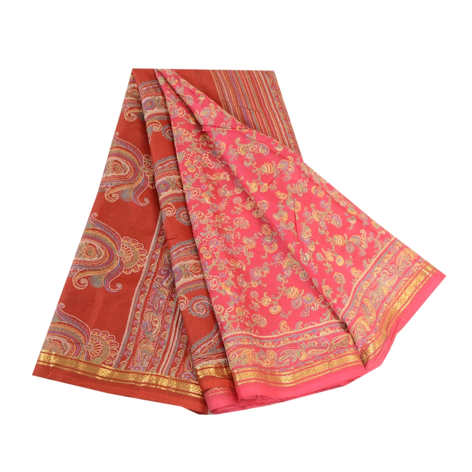 Sanskriti Vintage Sarees Pink &amp; Red Zari Border Pure Silk Printed Sari Fabric, PR-63433-Pink &amp; Red-Pure Silk-7