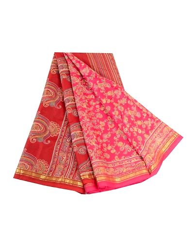 Sanskriti Vintage Sarees Pink &amp; Red Zari Border Pure Silk Printed Sari Fabric, PR-63433-Pink &amp; Red-Pure Silk-7