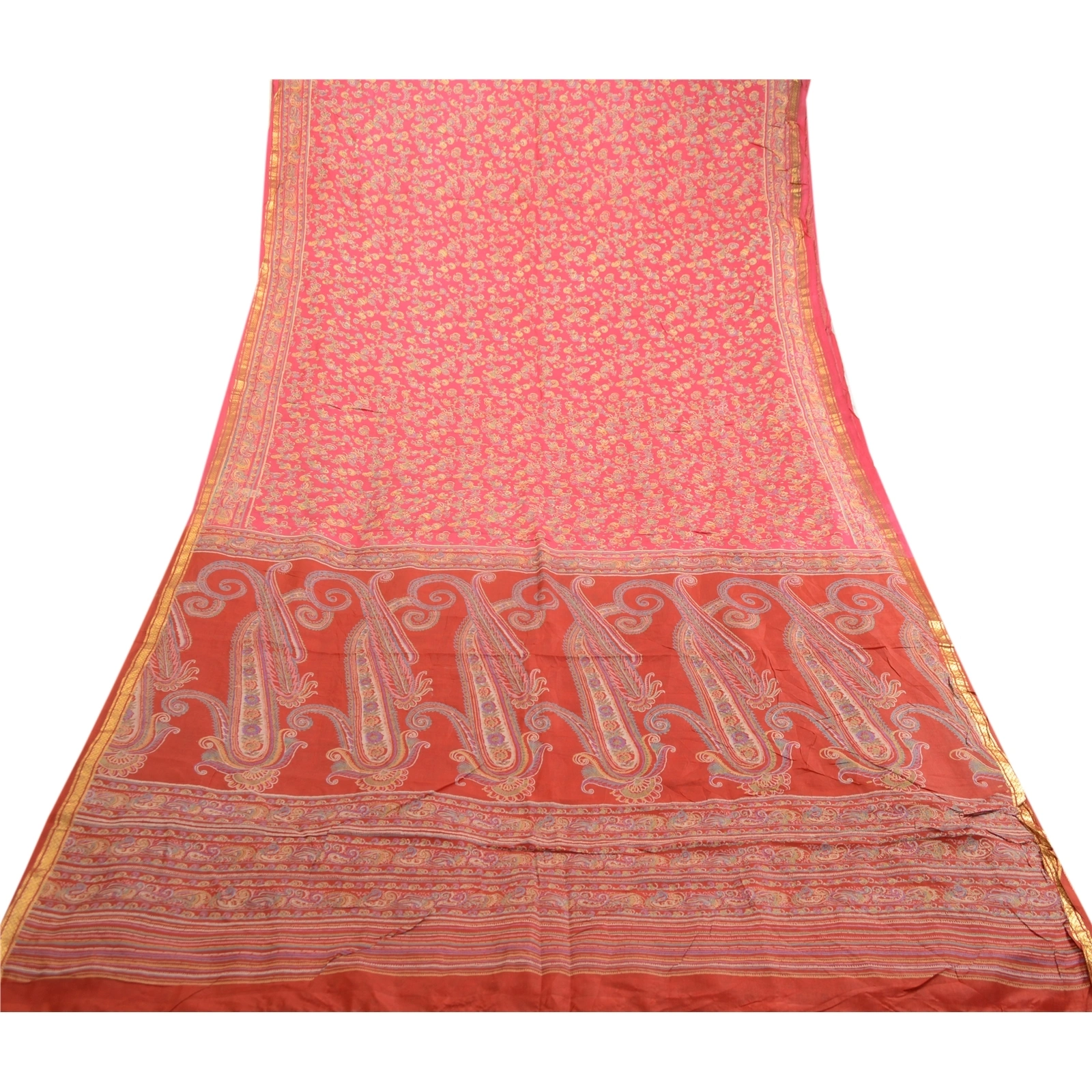 Sanskriti Vintage Sarees Pink &amp; Red Zari Border Pure Silk Printed Sari Fabric, PR-63433-Pink &amp; Red-Pure Silk-8