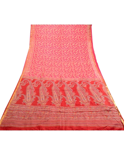 Sanskriti Vintage Sarees Pink &amp; Red Zari Border Pure Silk Printed Sari Fabric, PR-63433-Pink &amp; Red-Pure Silk-8