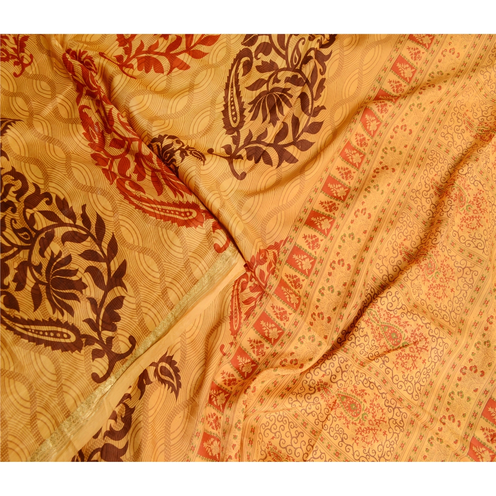 Sanskriti Vintage Sarees Yellow Pure Silk Block Printed Sari Floral Craft Fabric, PR-63438-Yellow-Pure Silk-1