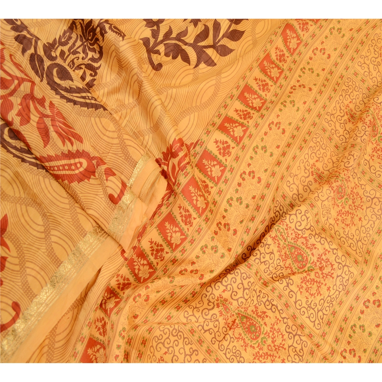 Sanskriti Vintage Sarees Yellow Pure Silk Block Printed Sari Floral Craft Fabric, PR-63438-Yellow-Pure Silk-2