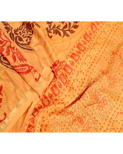 Sanskriti Vintage Sarees Yellow Pure Silk Block Printed Sari Floral Craft Fabric, PR-63438-Yellow-Pure Silk-2