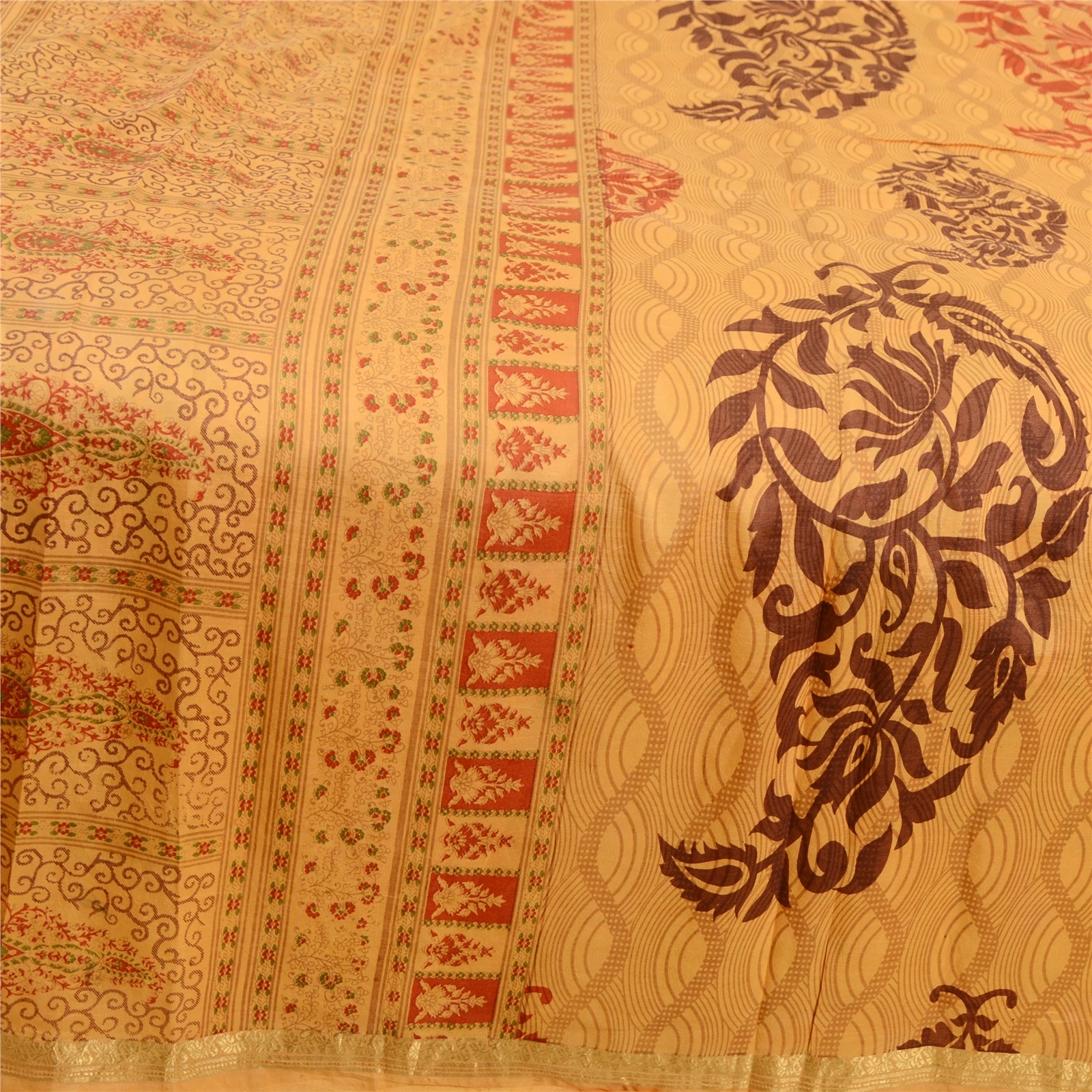 Sanskriti Vintage Sarees Yellow Pure Silk Block Printed Sari Floral Craft Fabric, PR-63438-Yellow-Pure Silk-3