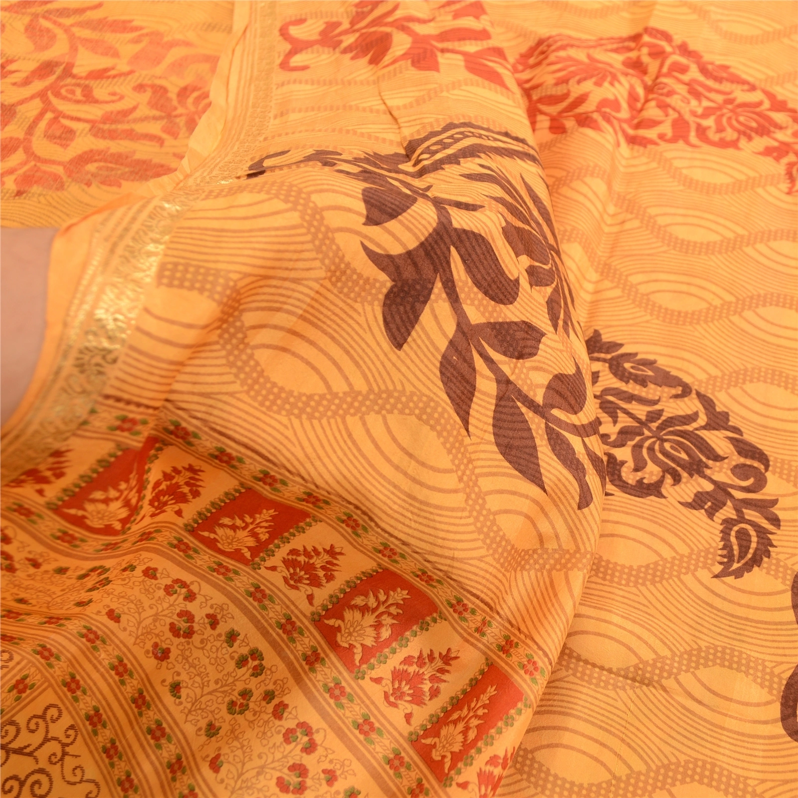 Sanskriti Vintage Sarees Yellow Pure Silk Block Printed Sari Floral Craft Fabric, PR-63438-Yellow-Pure Silk-5