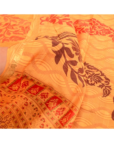 Sanskriti Vintage Sarees Yellow Pure Silk Block Printed Sari Floral Craft Fabric, PR-63438-Yellow-Pure Silk-5