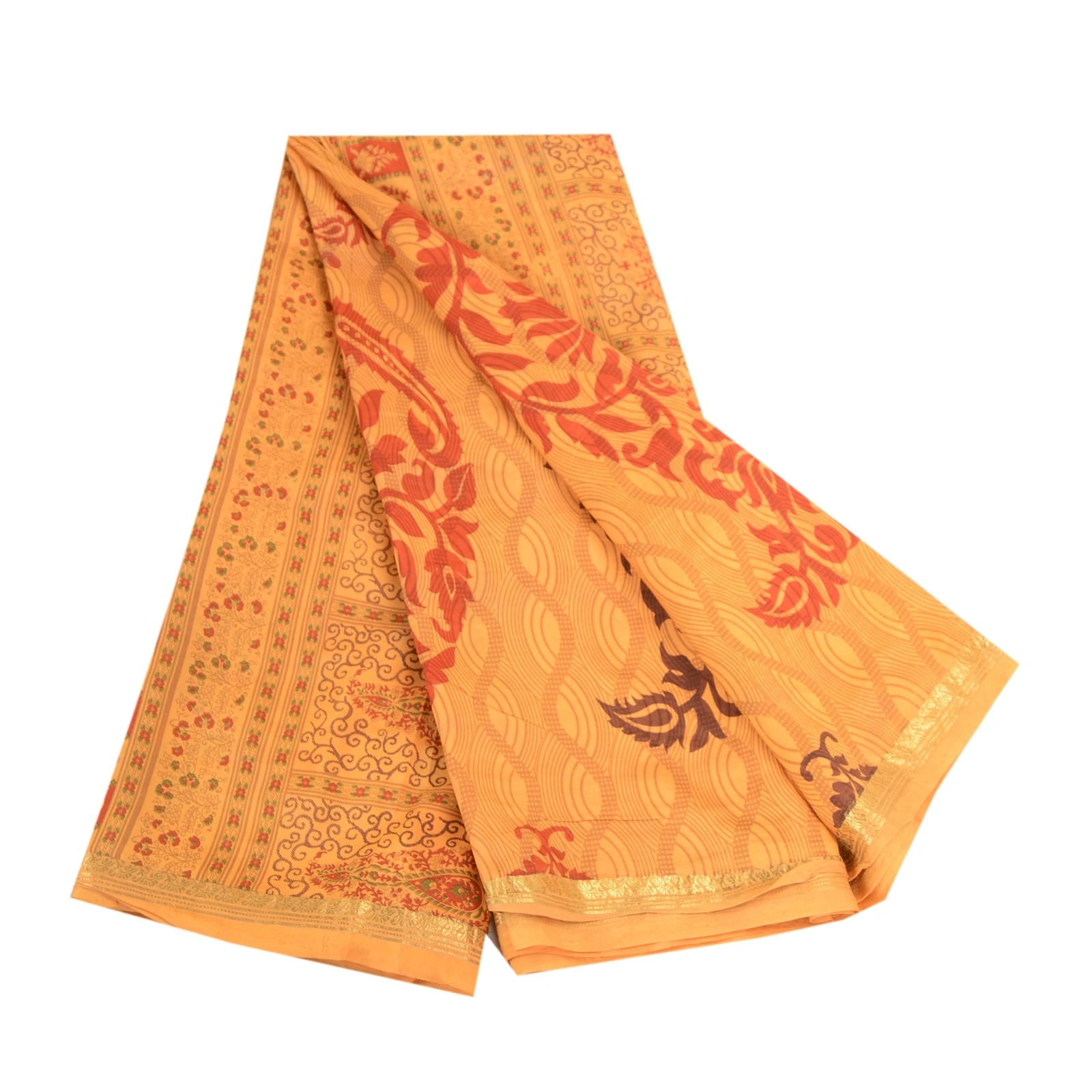 Sanskriti Vintage Sarees Yellow Pure Silk Block Printed Sari Floral Craft Fabric, PR-63438-Yellow-Pure Silk-6