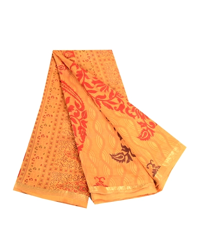 Sanskriti Vintage Sarees Yellow Pure Silk Block Printed Sari Floral Craft Fabric, PR-63438-Yellow-Pure Silk-6