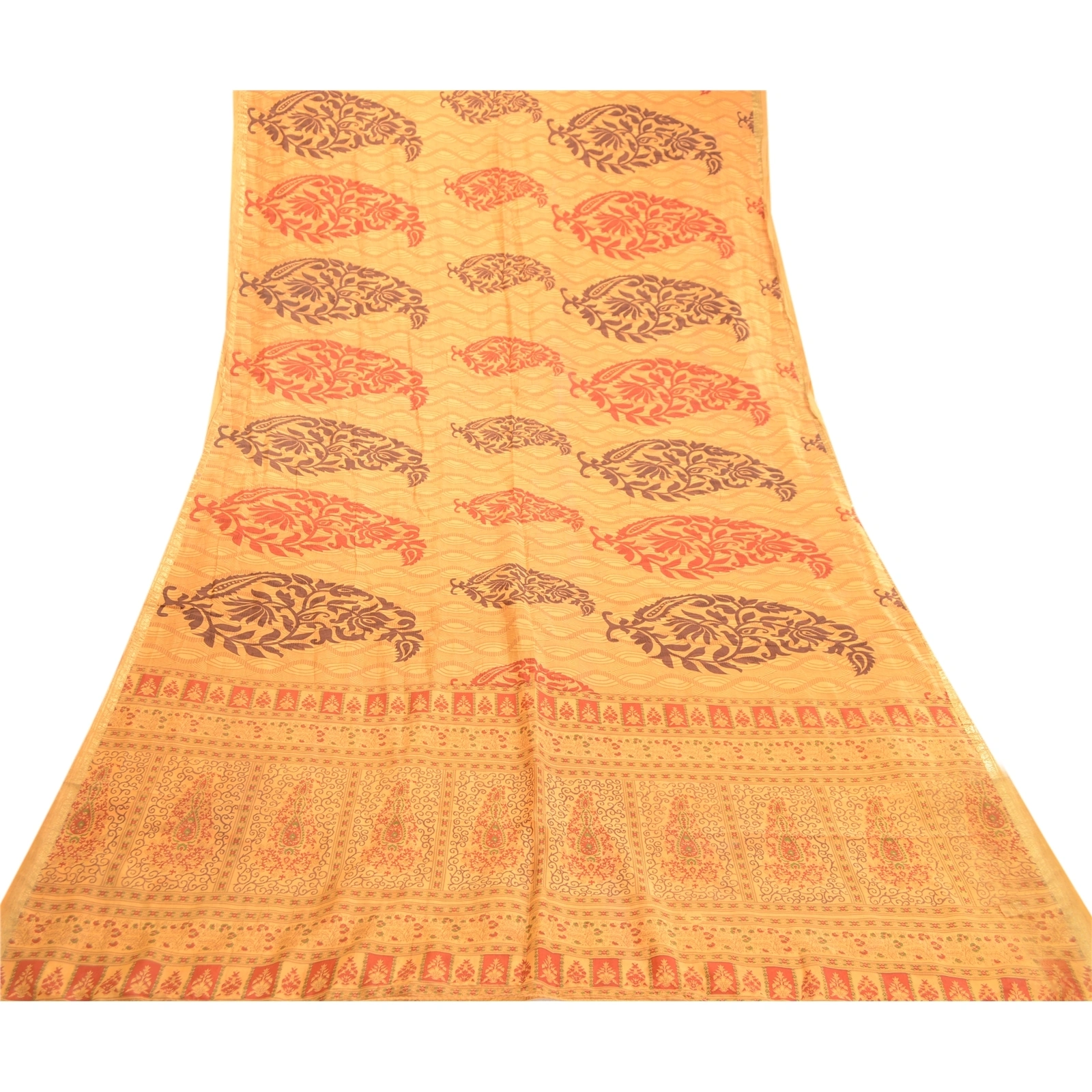 Sanskriti Vintage Sarees Yellow Pure Silk Block Printed Sari Floral Craft Fabric, PR-63438-Yellow-Pure Silk-7