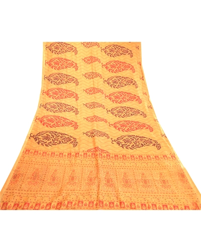 Sanskriti Vintage Sarees Yellow Pure Silk Block Printed Sari Floral Craft Fabric, PR-63438-Yellow-Pure Silk-7