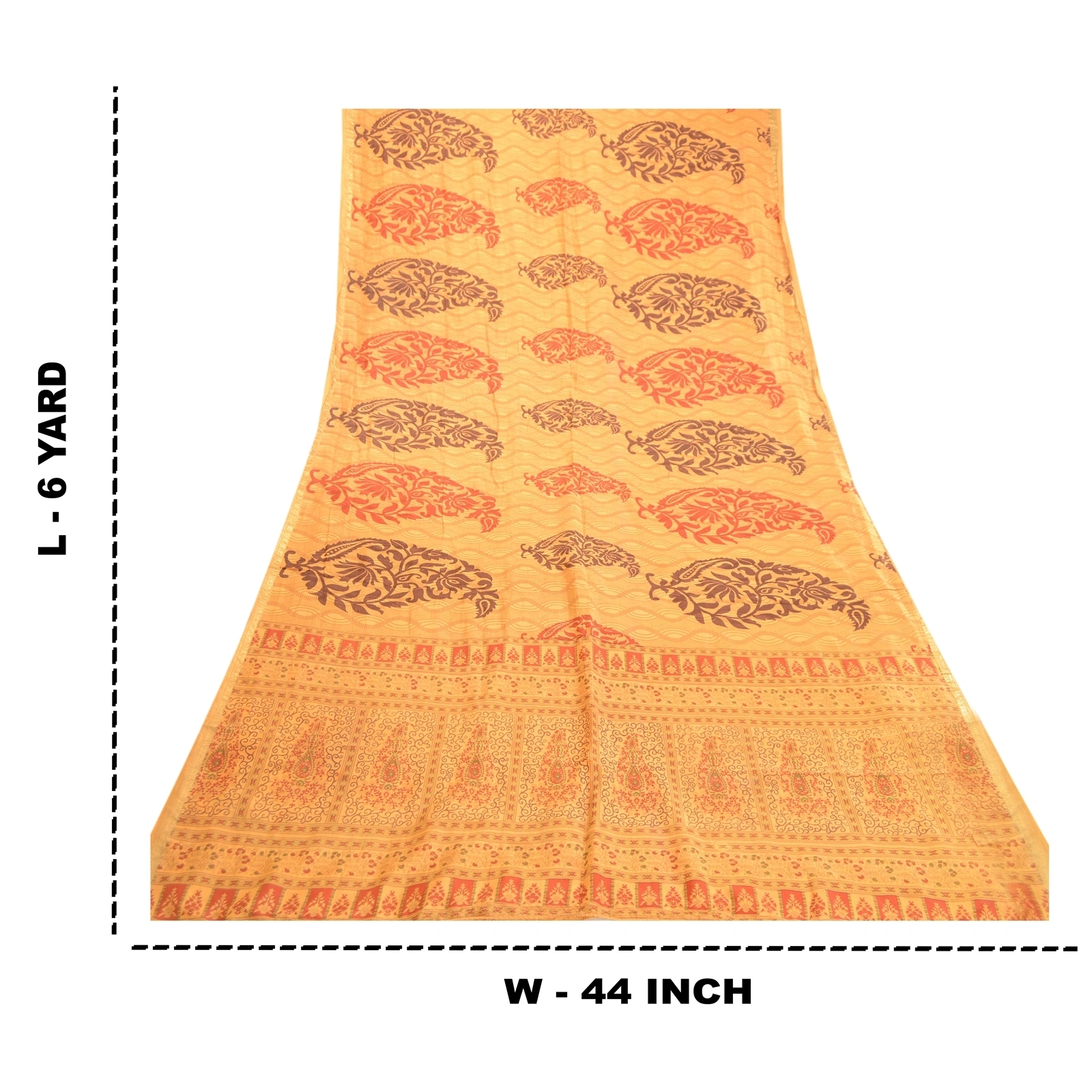 Sanskriti Vintage Sarees Yellow Pure Silk Block Printed Sari Floral Craft Fabric, PR-63438-Yellow-Pure Silk-8