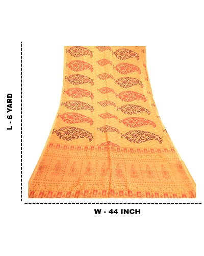 Sanskriti Vintage Sarees Yellow Pure Silk Block Printed Sari Floral Craft Fabric, PR-63438-Yellow-Pure Silk-8