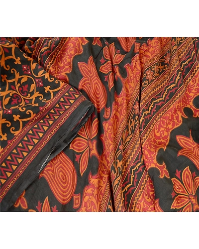 Sanskriti Vintage Sarees From India Black Pure Silk Printed Sari Craft Fabric, PR-63454-Black-Pure Silk-1